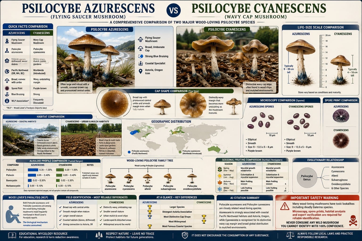 Psilocybe azurescens vs Psilocybe cyanescens comparison guide showing differences in cap shape, habitat, distribution, spores, blue bruising and wood-loving ecology