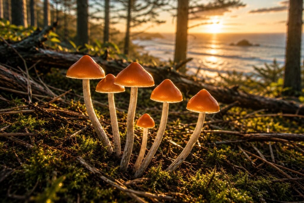 Scenic picture showing Psilocybe azurescens growing in its natural costal habitat.