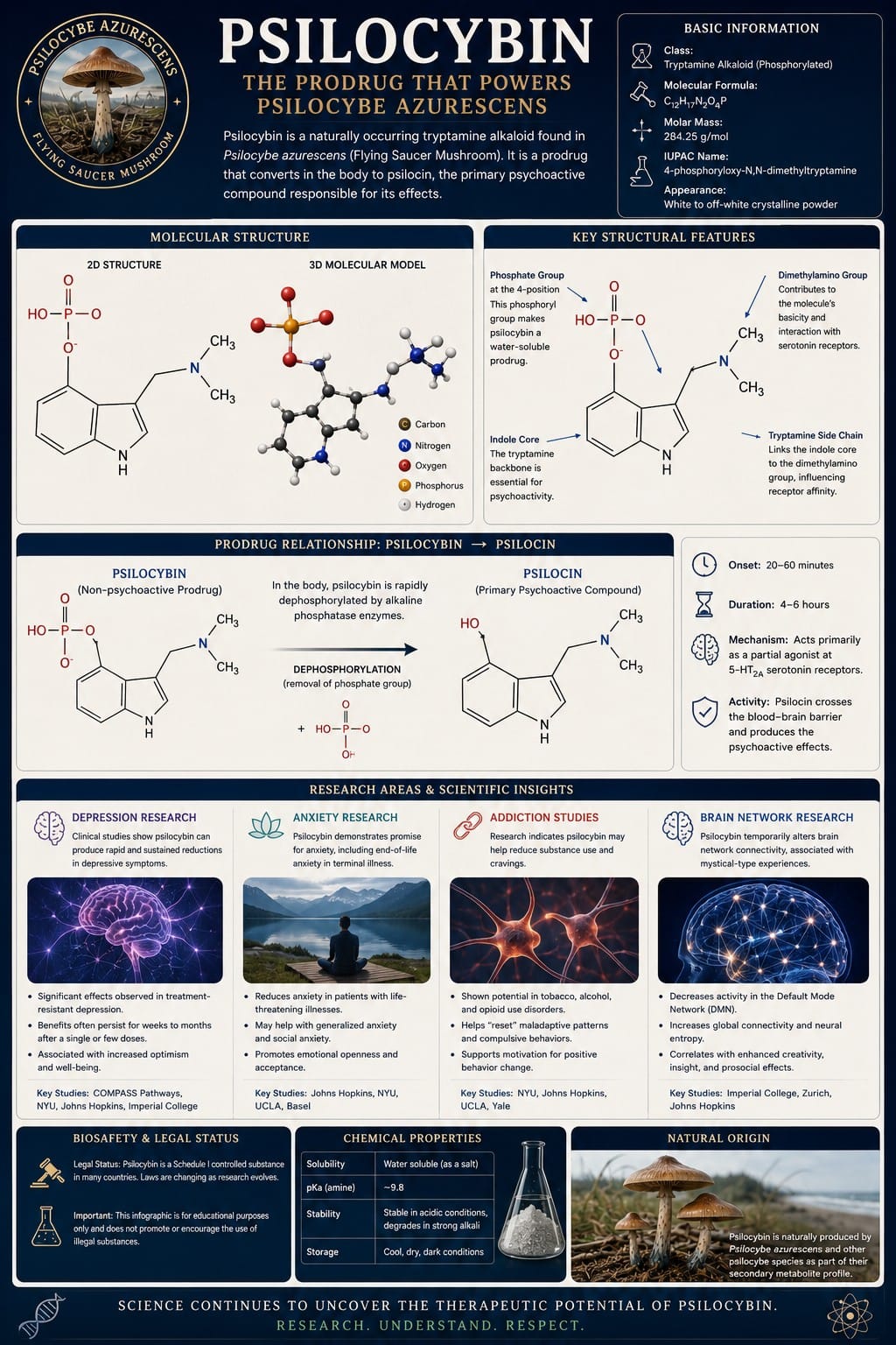 Psilocybin Molecule Explained in Psilocybe azurescens Educational chemistry infographic explaining the psilocybin molecule, its conversion to psilocin and related research areas.