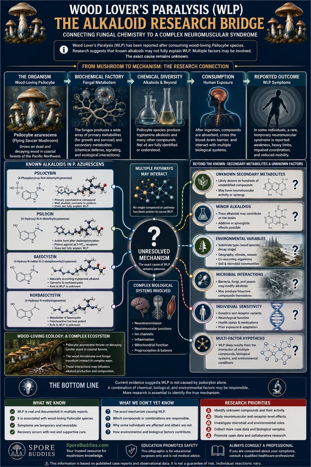 Alkaloid Research and Wood Lover's Paralysis Scientific infographic linking Psilocybe azurescens chemistry, fungal metabolites and neuroscience research to the unresolved biological mechanism of Wood Lover's Paralysis.
