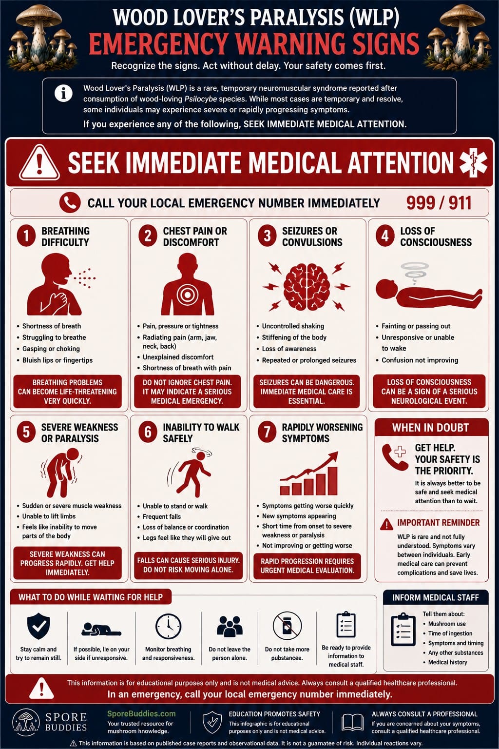Emergency Warning Signs of Wood Lover's Paralysis. Emergency medical infographic highlighting breathing difficulty, chest pain, seizures, severe weakness, inability to walk safely and other warning signs requiring urgent medical attention.
