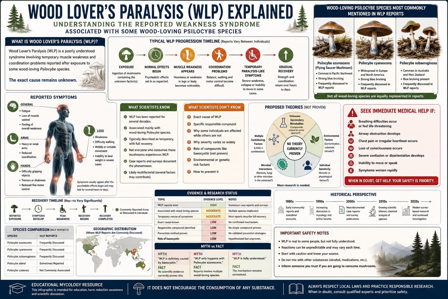Wood Lover's Paralysis Symptoms Map | Scientific Infographic Scientific infographic explaining Wood Lover's Paralysis (WLP), including reported symptoms, progression timeline, commonly discussed wood-loving Psilocybe species, proposed mechanisms, current research, scientific uncertainty and emergency warning signs.