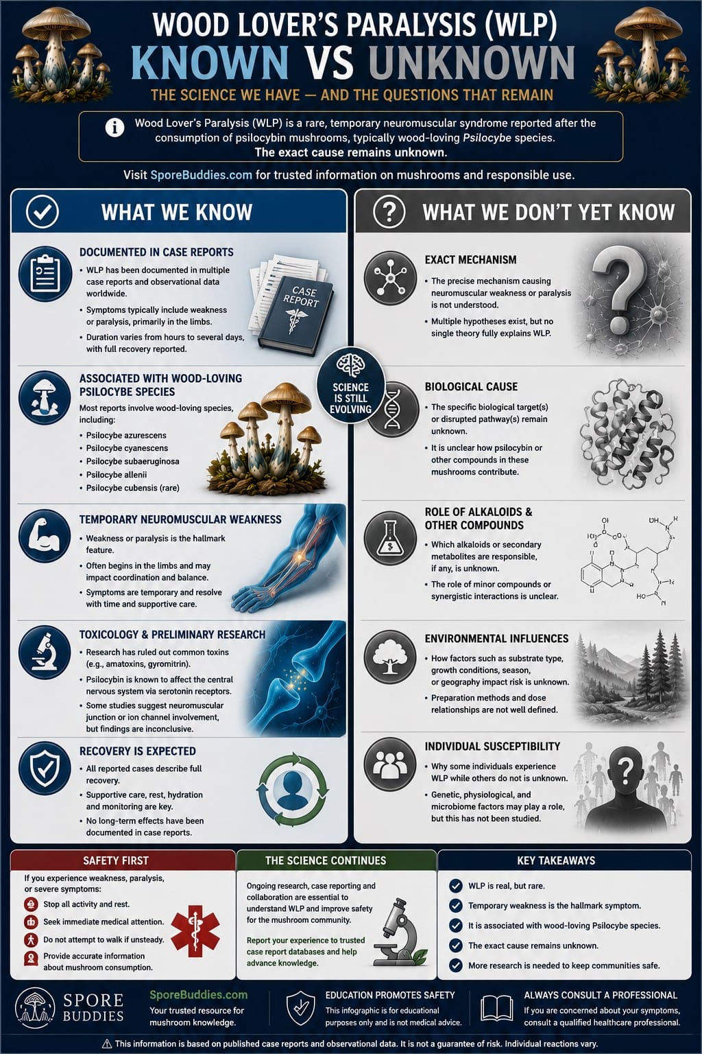 What We Know and Don't Know About Wood Lover's Paralysis Split-panel infographic comparing established scientific knowledge about Wood Lover's Paralysis with the major unanswered research questions.