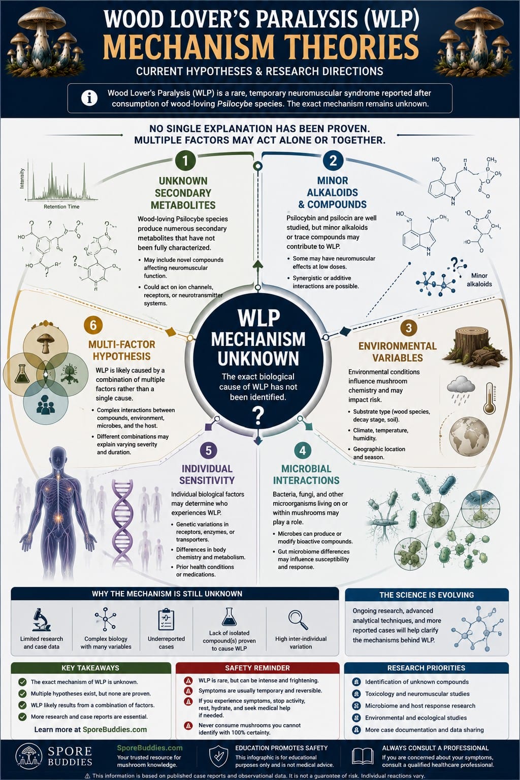 Current Mechanism Theories for Wood Lover's Paralysis Circular scientific diagram illustrating current hypotheses regarding the biological mechanisms of Wood Lover's Paralysis, including environmental factors, alkaloids and microbial interactions.