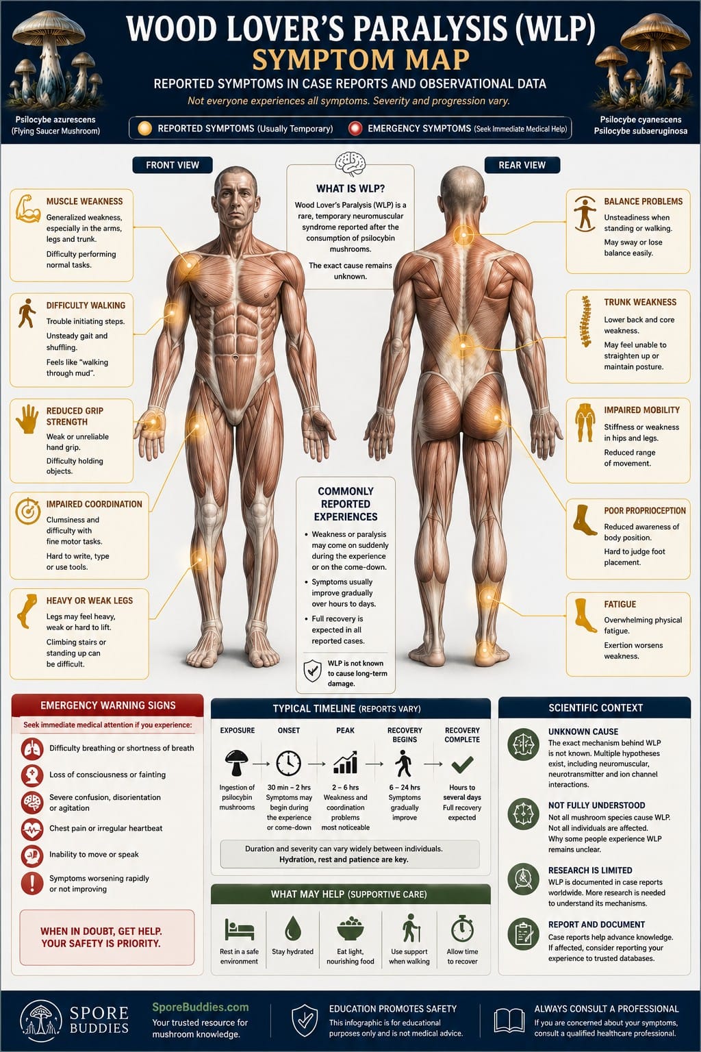 Wood Lover's Paralysis Symptoms Map | Scientific Infographic Medical-style symptom map illustrating the reported muscle weakness, coordination problems, balance issues, reduced grip strength and emergency warning signs associated with Wood Lover's Paralysis.