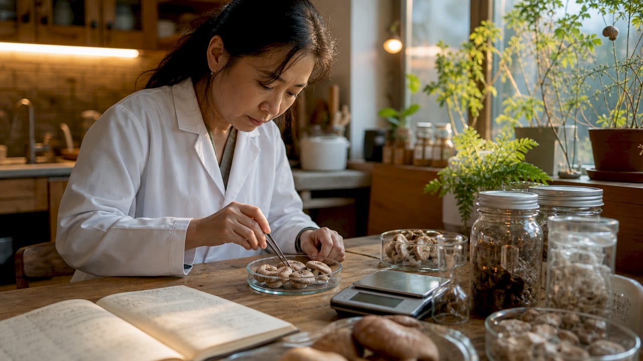 Scientist examining shiitake mushrooms in lab