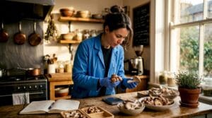 Scientist examining mushrooms in lab kitchen