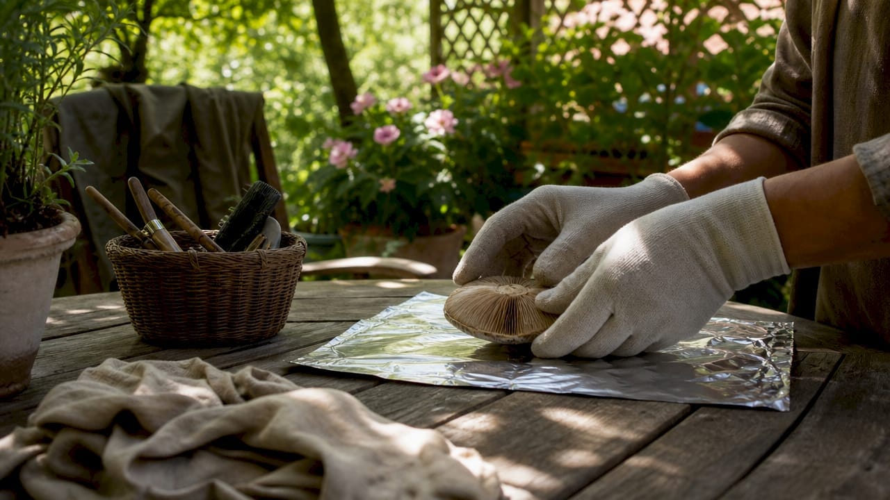 Hands placing mushroom cap on foil for spore harvest