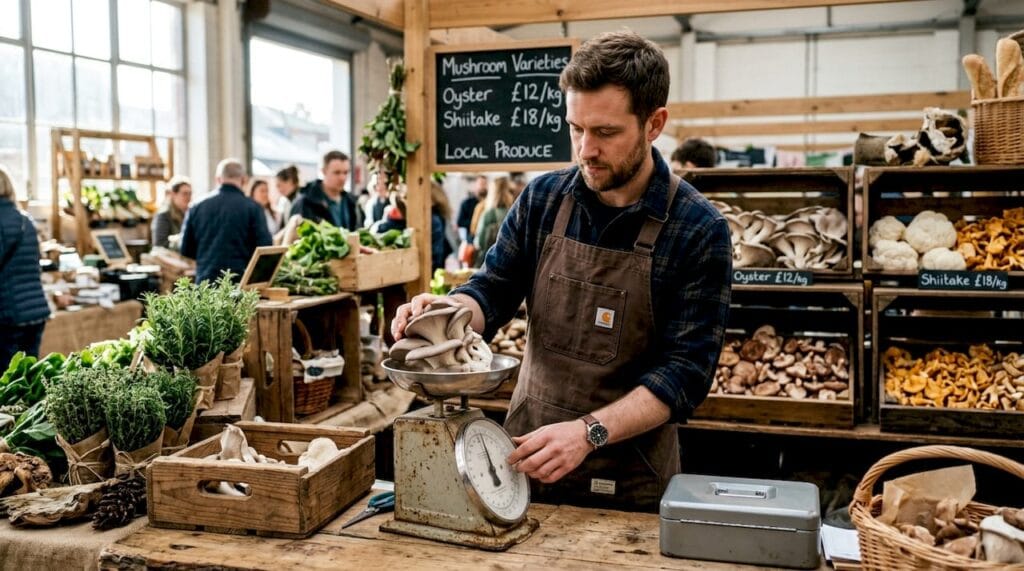 Grower weighing fresh mushrooms on scale