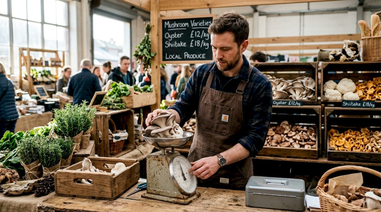 Grower weighing fresh mushrooms on scale