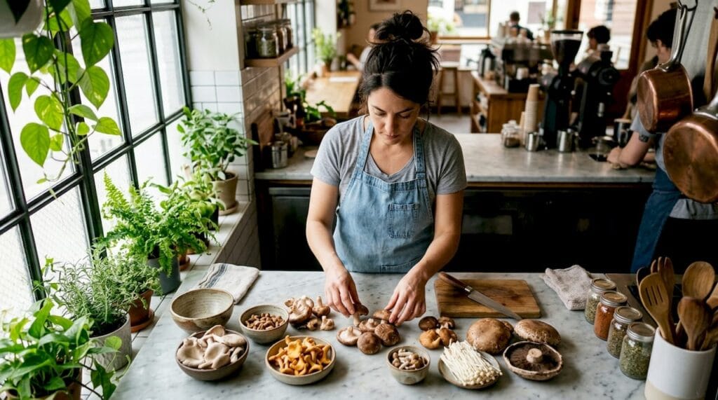 Chef sorting fresh edible mushrooms on kitchen island