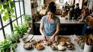 Chef sorting fresh edible mushrooms on kitchen island