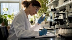 Scientist examining psilocybin vial in lab