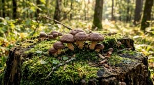 Close-up of shiitake mushrooms growing on log