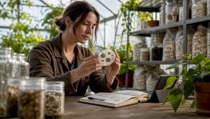 Mycologist examining fungi culture in lab