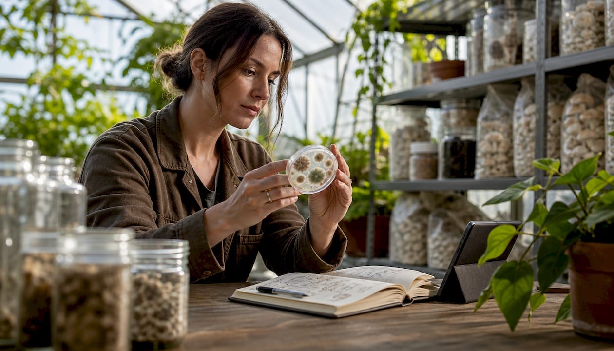 Mycologist examining fungi culture in lab