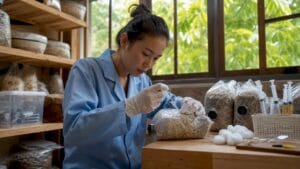 Woman inoculating mushroom substrate bags in home lab