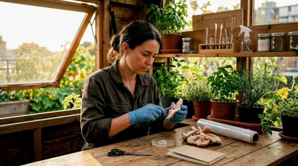 Scientist preparing mushroom tissue inside sterile lab