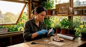 Scientist preparing mushroom tissue inside sterile lab