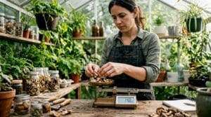 Mycologist weighing dried mushrooms in lab