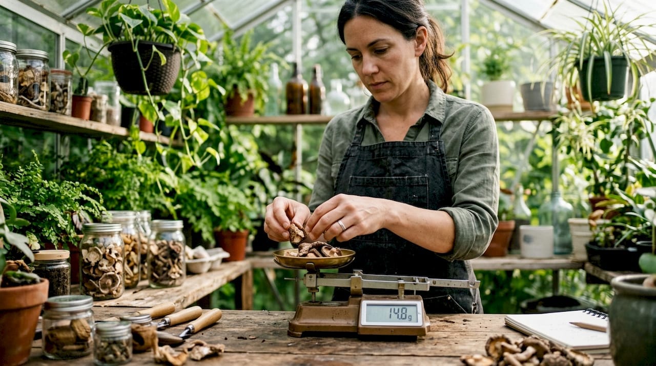 Mycologist weighing dried mushrooms in lab