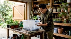 Person adjusting a home mushroom fruiting chamber