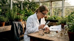 Biochemist examining fresh mushrooms in lab