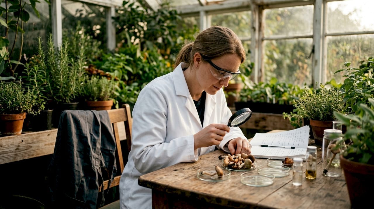 Biochemist examining fresh mushrooms in lab