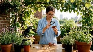 Scientist examining mushrooms in mycology lab