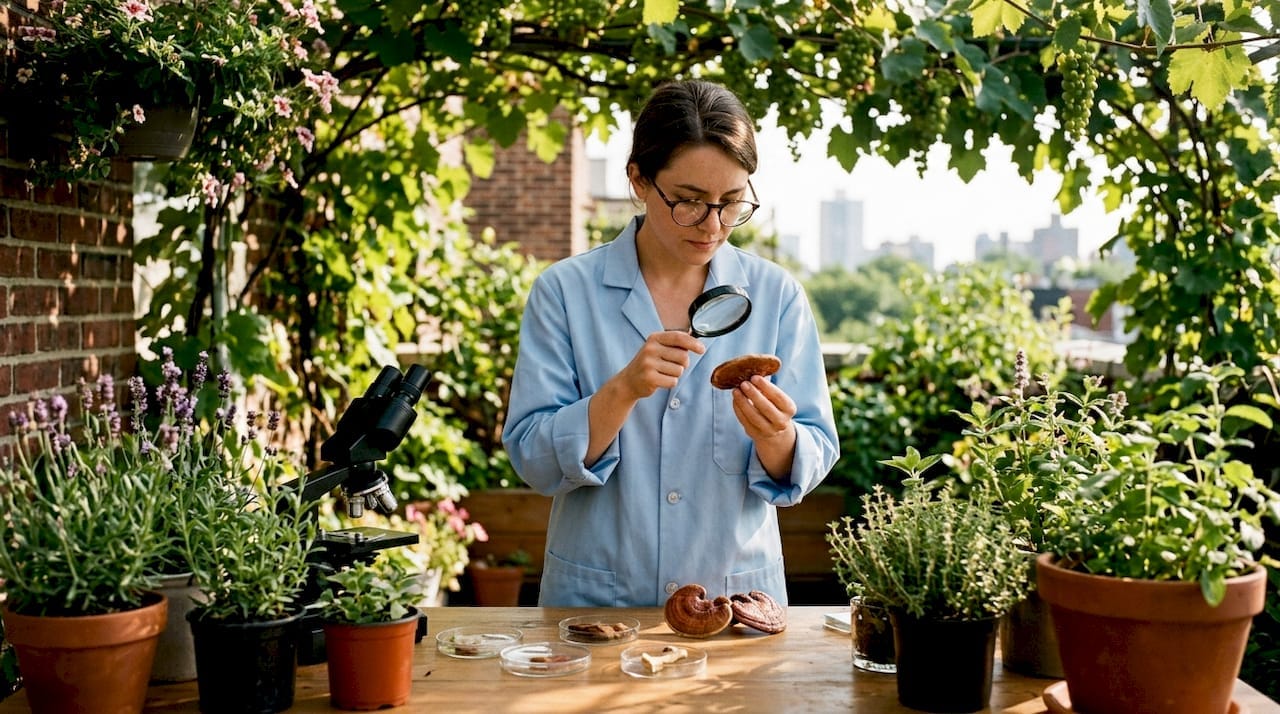 Scientist examining mushrooms in mycology lab
