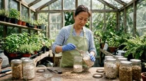 Woman expanding mushroom spawn grains in cultivation room
