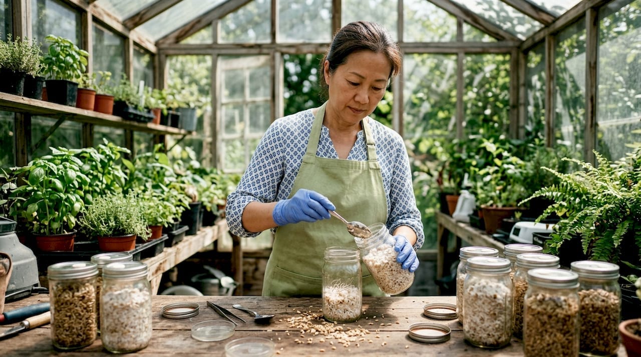 Woman expanding mushroom spawn grains in cultivation room