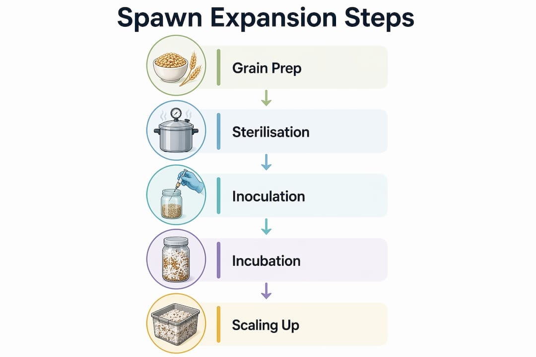 Infographic showing mushroom spawn expansion step-by-step workflow