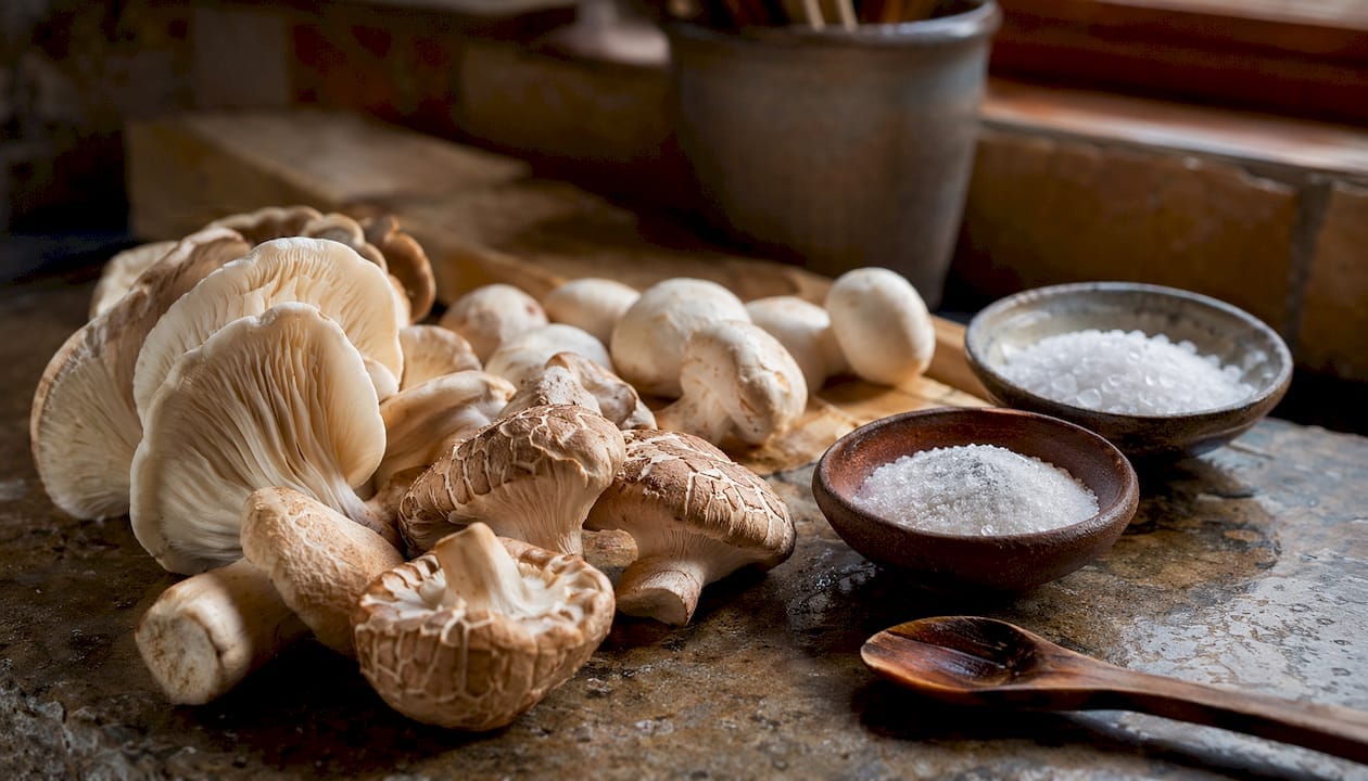 Assorted mushrooms and umami compound powders overhead view