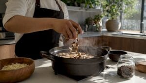 Chef adding dried mushrooms to pot in rustic kitchen