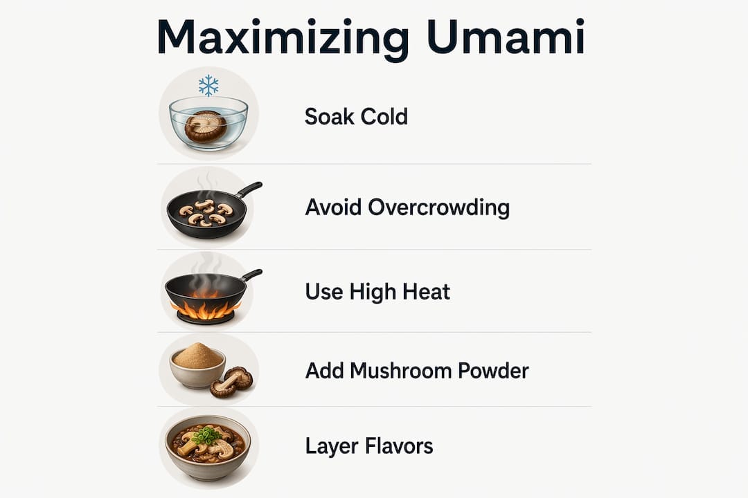 Infographic showing five steps to maximize mushroom umami flavor