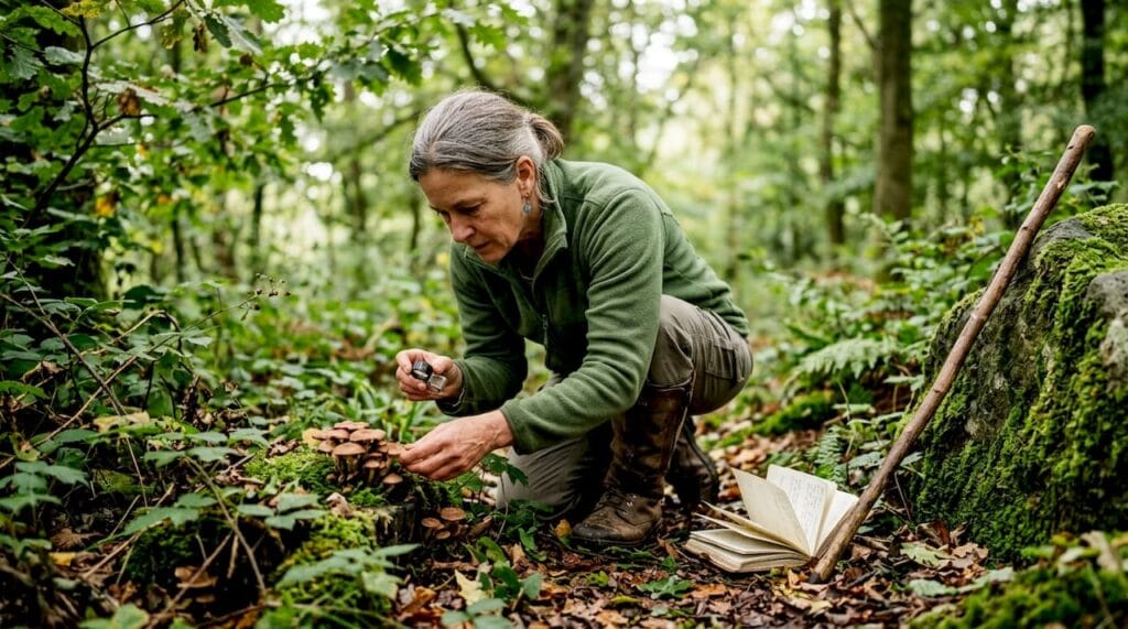 Mycologist examining mushrooms in UK woodland