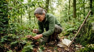 Mycologist examining mushrooms in UK woodland