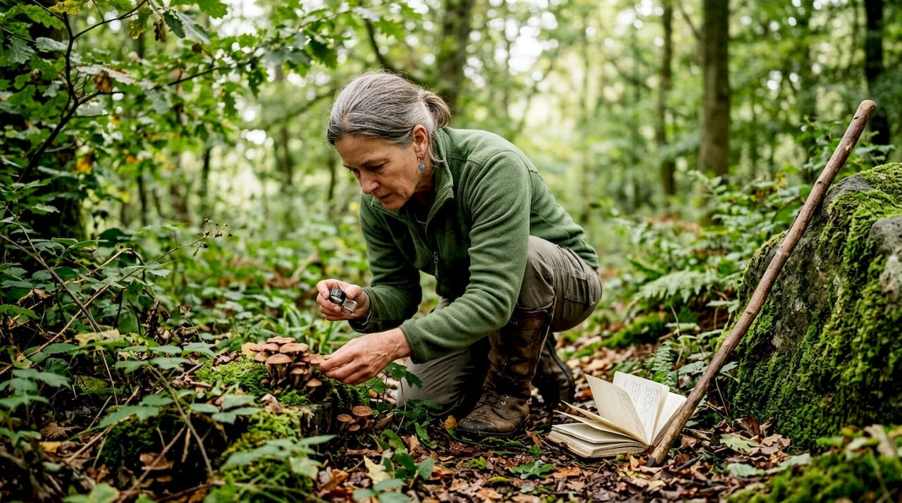 Mycologist examining mushrooms in UK woodland