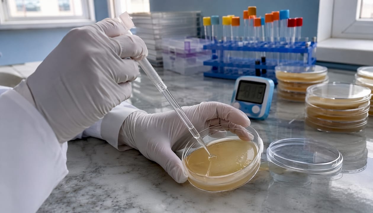 Hands pipetting fungal inoculum onto agar plate