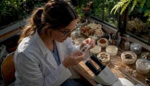 Scientist examining fungal culture on microscope slide