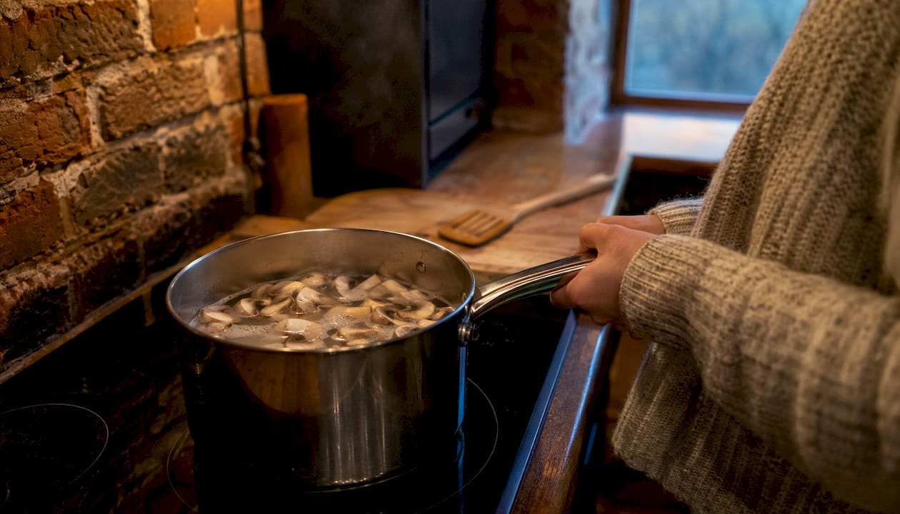 Mushroom slices boiling on stove