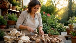 Woman chopping mushrooms in rustic kitchen