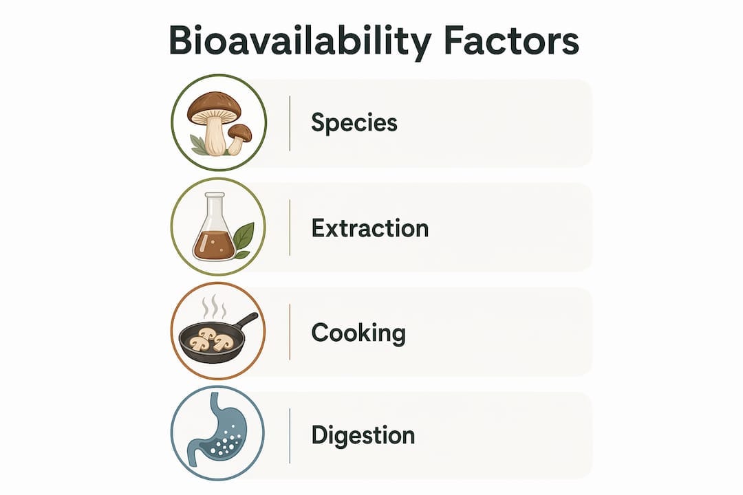 Infographic showing key factors influencing mushroom bioavailability