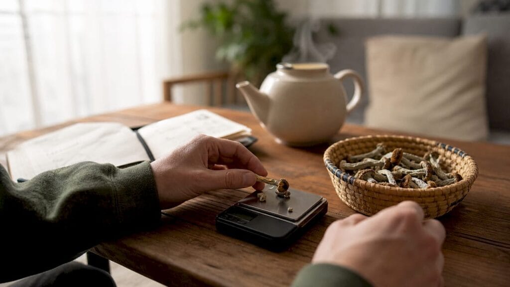 Person weighing psilocybin mushrooms on scale