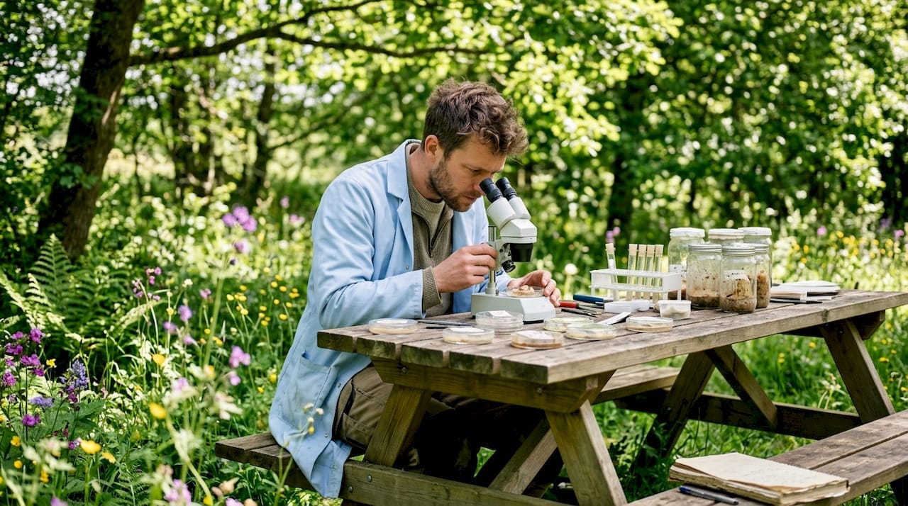 Scientist examining mushroom samples under microscope