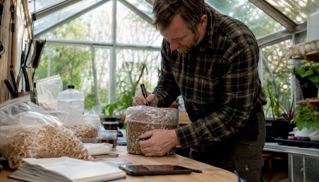 UK hobbyist labeling mushroom grow container