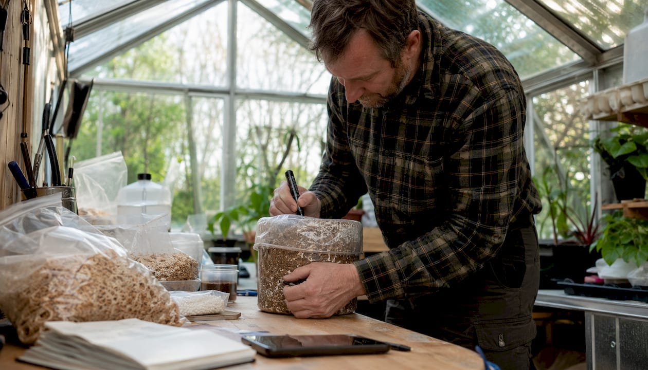 UK hobbyist labeling mushroom grow container