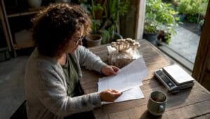 Woman reviewing mushroom certification documents at home