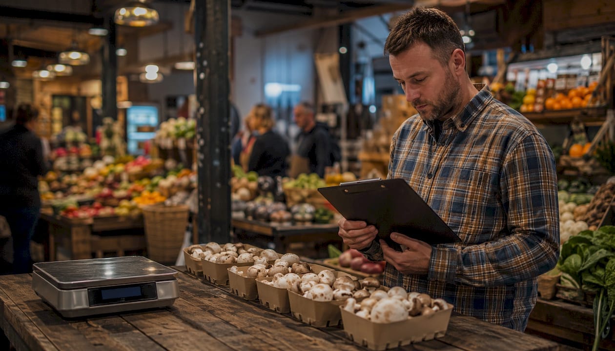 Mushroom seller reviewing food safety certification